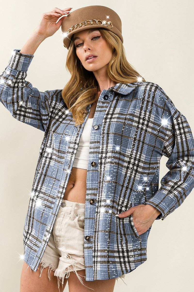 Navy Multi Allover Clear Sequin Vintage Plaid Bibi Jacket 11/20/24 9318