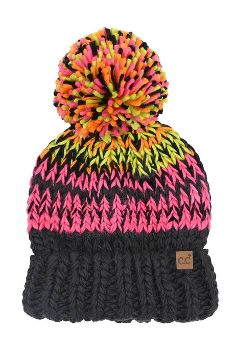 C.C Multi Color Chunky Yarn Pom Beanie Winter Hat: Black