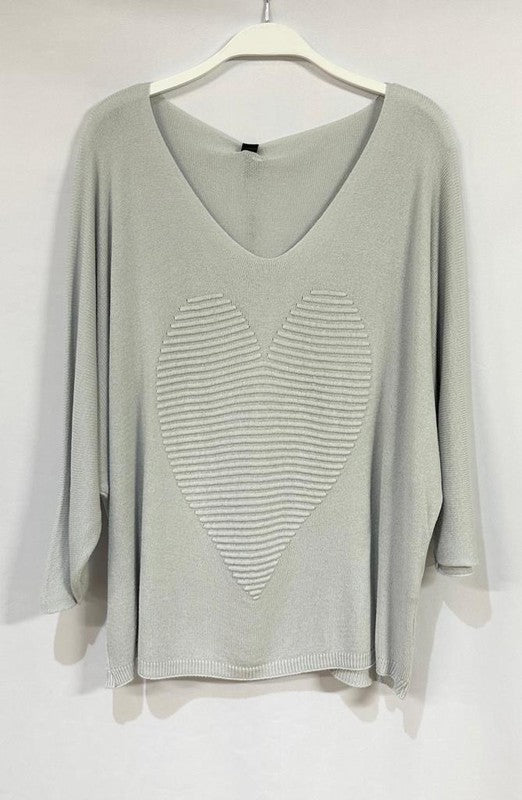 Light Grey V Neck Quarter Sleeve Embossed Heart Drape Venti Sweater 10/25/23 7304