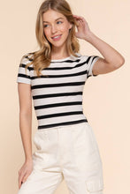 Short Sleeve Crew Neck Y/D Stripe Knit Crop Top: Off White Black