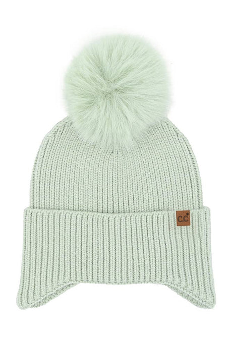 C.C Earflap Pom Knit Solid Beanie Winter Hat: Sage