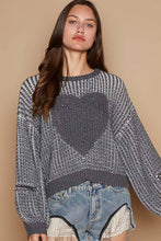 Round neck heart patch zipper point sleeve POL sweater: Charcoal