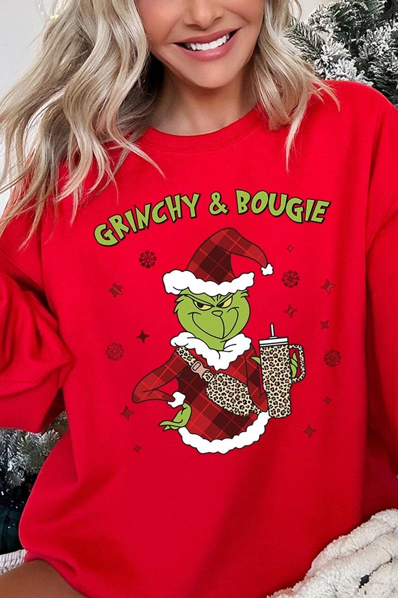 Grinchy & Bougie Christmas Graphic Sweatshirts: Red