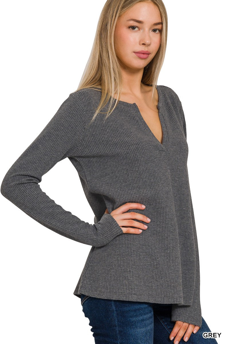 Grey Melange Baby Waffle V Neck Long Sleeve Zenana Top 2/4/25 9552