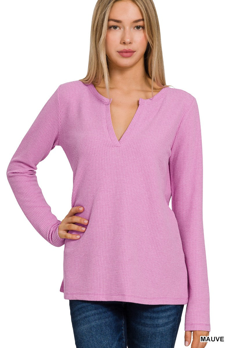 Mauve Melange Baby Waffle V Neck Long Sleeve Zenana Top 2/4/25 9554