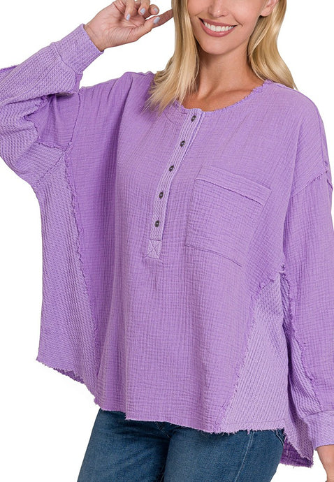 Lavender Double Gauze 3/4 Button Henley Neck Zenana Top 12/30/24 9423