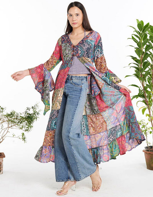 Rayon Long Sleeve Multi Color Patchwork Long Cardigan