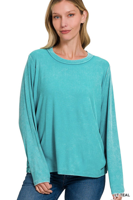 Light Teal Washed Ribbed Scoop Neck Long Sleeve Zenana Top 1/13/25 9422