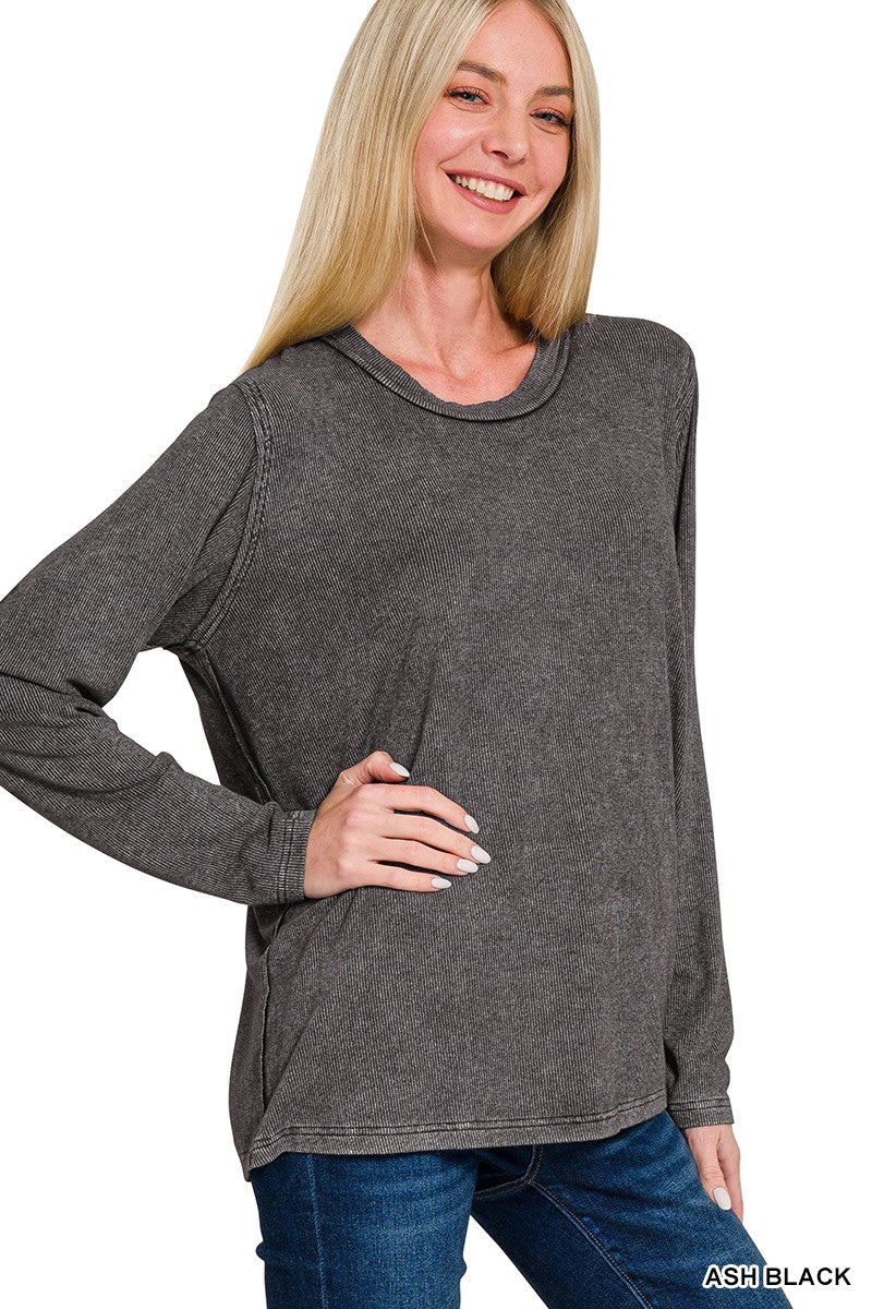 Ash Black Washed Ribbed Scoop Neck Long Sleeve Zenana Top 12/30/24 9419