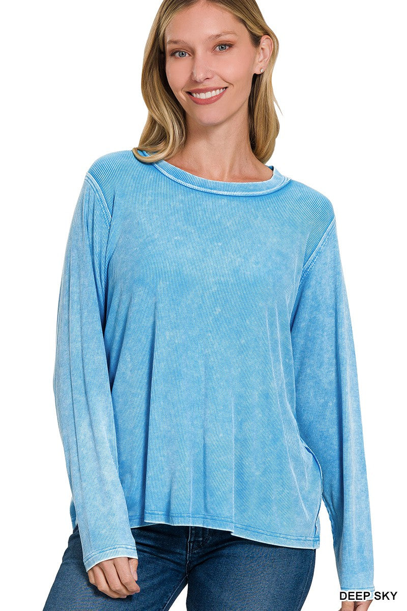 Deep Sky Washed Ribbed Scoop Neck Long Sleeve Zenana Top 1/13/25 9420