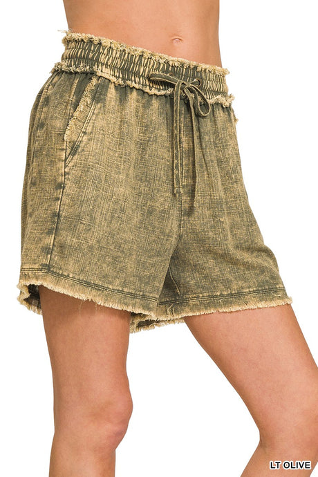 Light Olive Washed Frayed Hem Zenana Shorts 11/17/24 9236