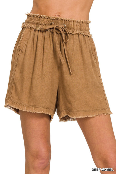 Deep Camel Washed Frayed Hem Zenana Shorts 11/17/24 9235