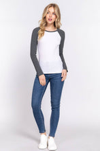 Long Raglan Sleeve Color Block Thermal Knit Top: White Charcoal Grey