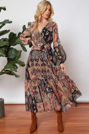 Multicolor Allover Print Lantern Sleeve Belted Dress 7/22/24 8768