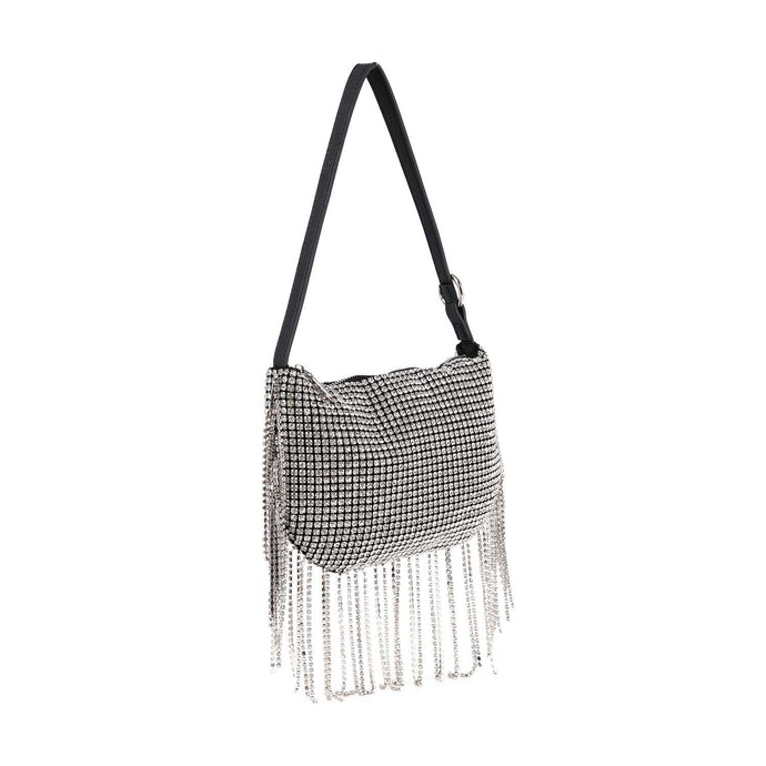 Beaded Fringe Rhinestone Shoulder Bag: Silver