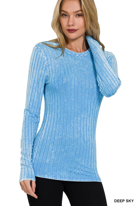 Deep Sky Ribbed Long Sleeve Zenana Top 1/13/25 9424