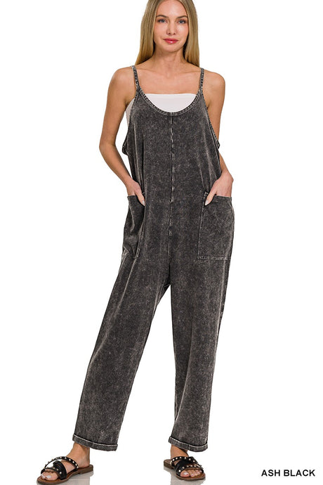 Ash Black Washed Spaghetti Strap Zenana Overalls 10/4/24 9045