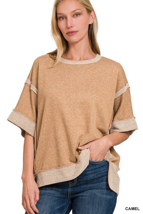 Camel Contrast Trim Drop Shoulder Zenana Top 12/30/24 9430