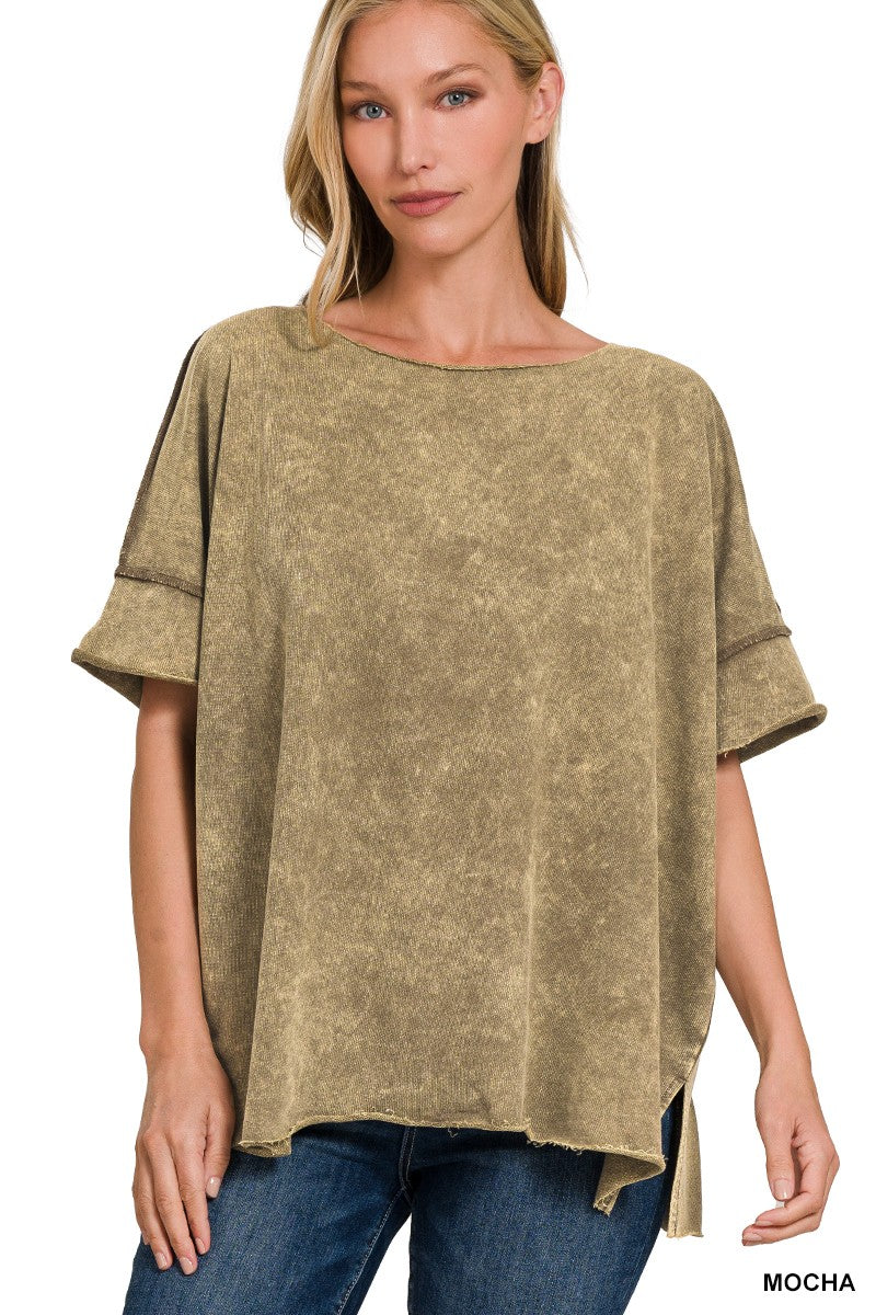 Mocha Washed French Terry Drop Shoulder Raw edge Zenana Top 1/13/25 9475