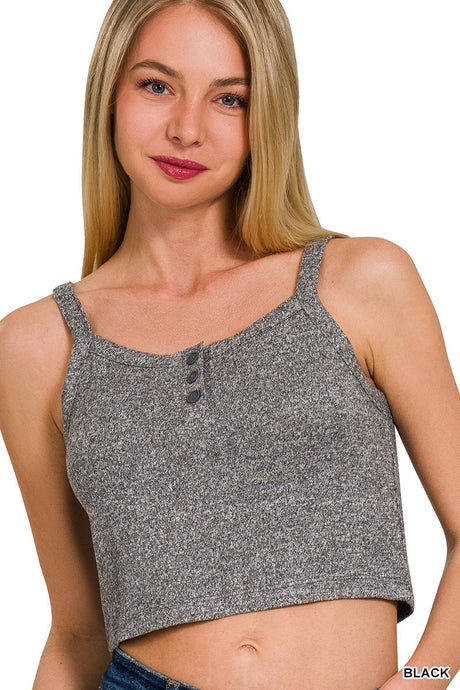 Black Soft Front Half Button Cropped Cami Zenana Top 1/13/25 9485