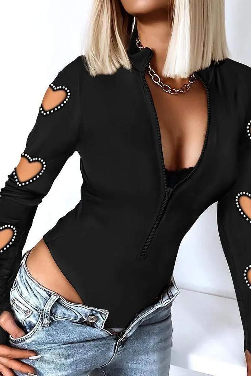 Black Hollow Heart Pearls Long Sleeve Bodysuit 5/15/24 8591