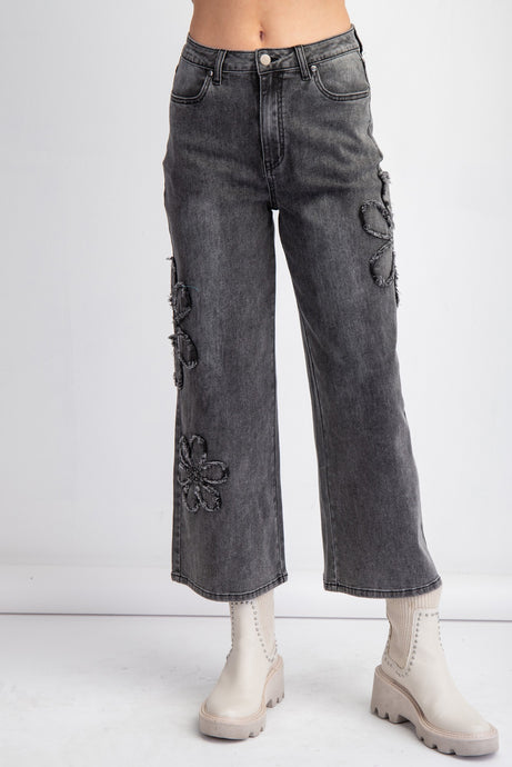 Black Denim Flower Patch Washed Denim Easel Pants 10/7/24 9047