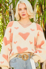 Butter Milk Coral V Neck Balloon Sleeve Heart POL Sweater 11/17/24 9311