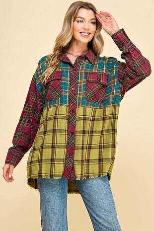 Rust Charcoal Plus Multi Color Plaid Long Sleeve Raw Hem Shirt 10/8/24 9086