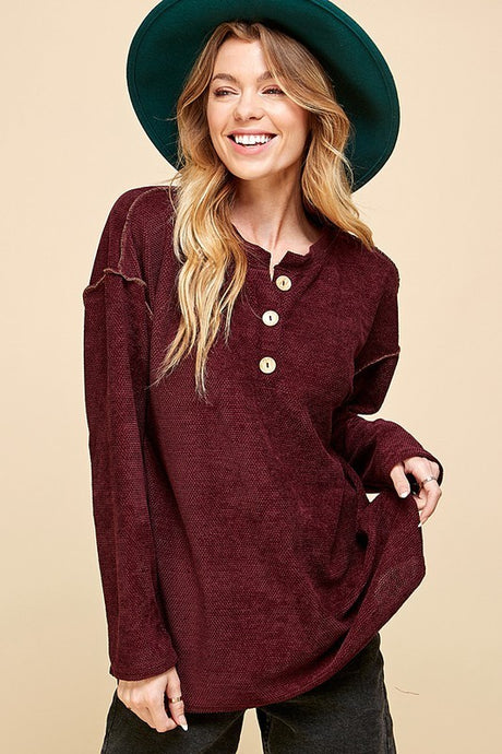 Burgundy Plus Button Up Long Sleeve Knit Loose Top 10/8/24 9087