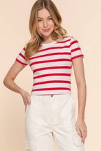 Off White Red Short Sleeve Crew Neck Y/D Stripe Knit Crop Top