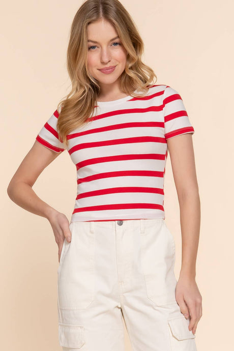 Off White Red Short Sleeve Crew Neck Y/D Stripe Knit Crop Top