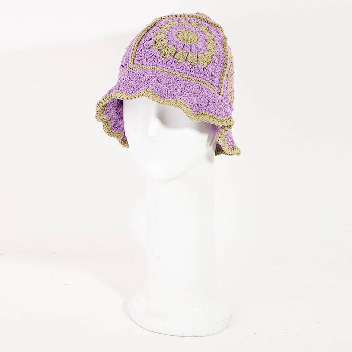 Crocket Knit Flower Bucket Hat: Purple