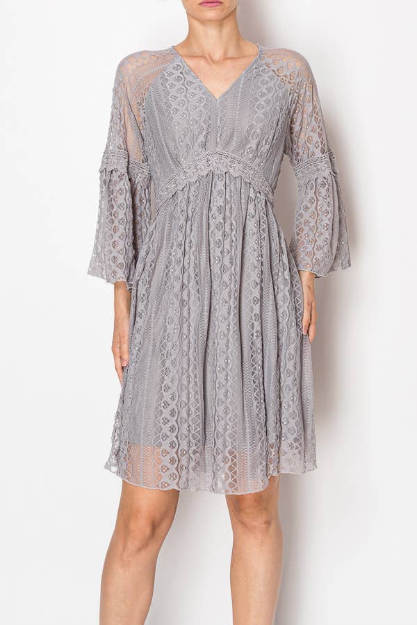 Grey Lined All Lace Long Sleeve Short Dress