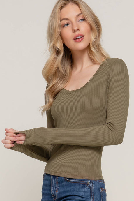 Long Sleeve Scoop Neck with Lace Trim Rib Knit Top: Army Olive