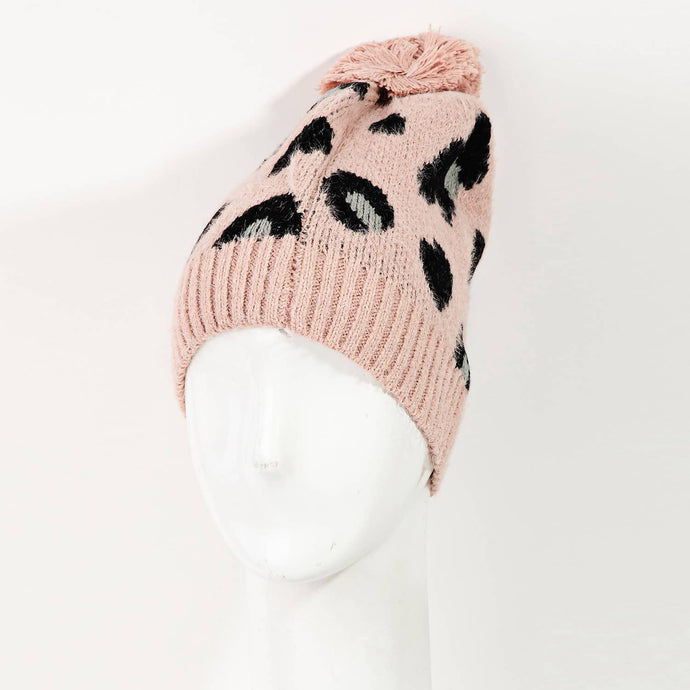 Leopard Print Pom Beanie: Pink