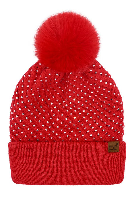 C.C Allover Rhinestone Pom Beanie: Red