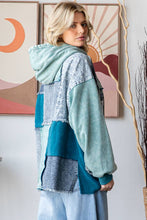 Washed Denim Patchwork Hoodie: Teal Blue