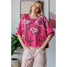 Fuchsia Washed Flower Applique Short Sleeve Knit Oli+Hali Top