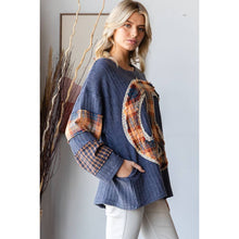 Washed Patchwork Peace Love Soft Thermal Blouse: Blue