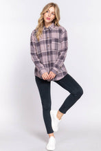 Long Sleeve Notched Collar Plaid Shirt: Mauve Purple