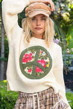 Round neck balloon sleeve floral peace patch sweater: Cream