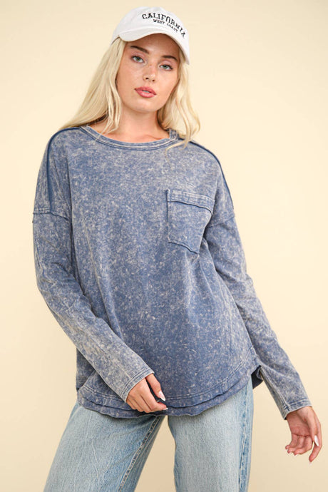 Denim Mineral Washed Casual Knit Top