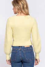 Long Puff Sleeve V-neck Rib Sweater Top: Lemon