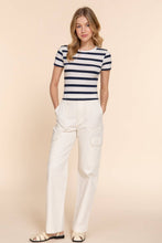 Off White Navy Short Sleeve Crew Neck Y/D Stripe Knit Crop Top