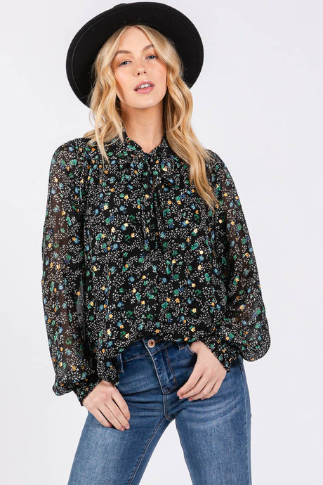 Tie Neck Long Sleeve Floral Sage + Fig Blouse: Black