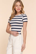 Off White Navy Short Sleeve Crew Neck Y/D Stripe Knit Crop Top