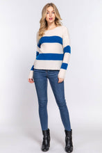 Cream Teal Blue Long Sleeve Round Neck Stripe Sweater