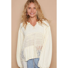 Balloon long sleeve lace contrast solid knit POL top: Cream