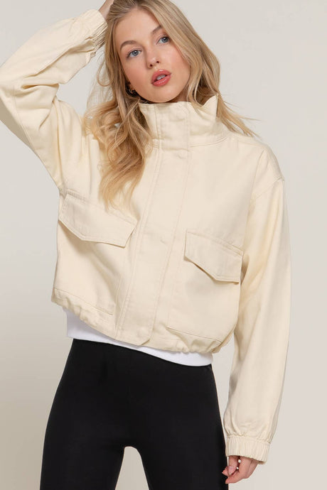 Beige Long Sleeve High Neck Zip Up Short Twill Jacket