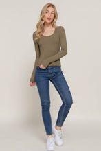 Long Sleeve Scoop Neck with Lace Trim Rib Knit Top: Army Olive